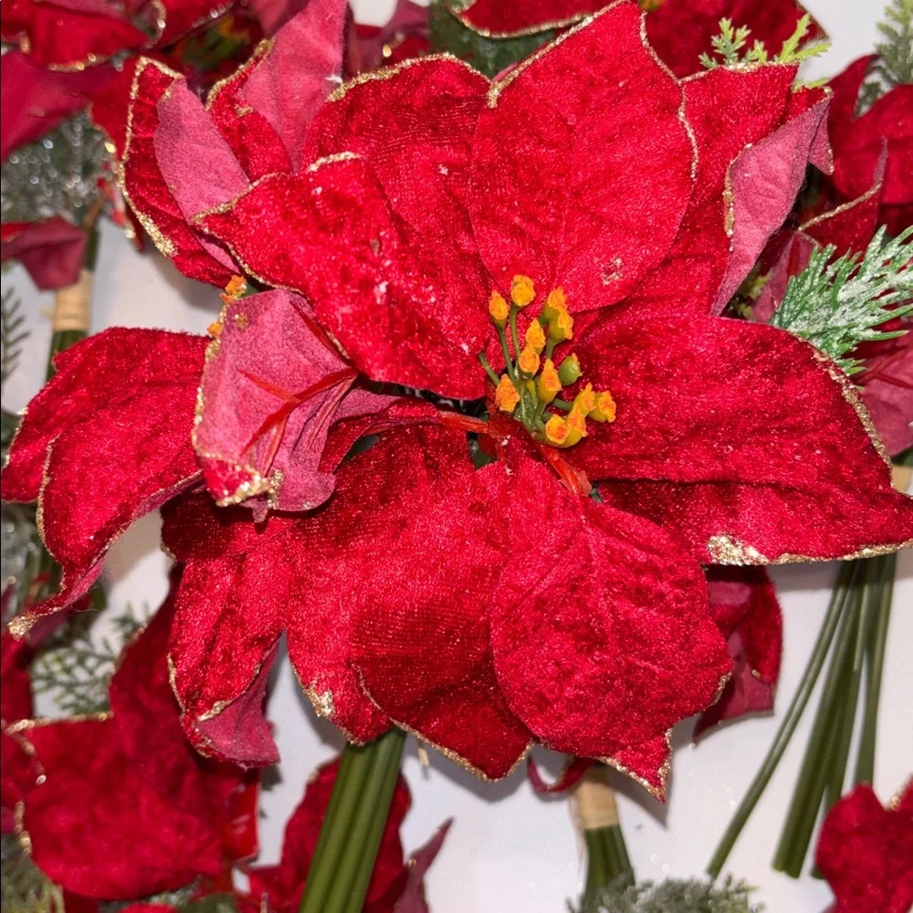 Red Poinsettia Floral Bouquet Set of 7 Red Velvet Gold edge poinsettia bouquets